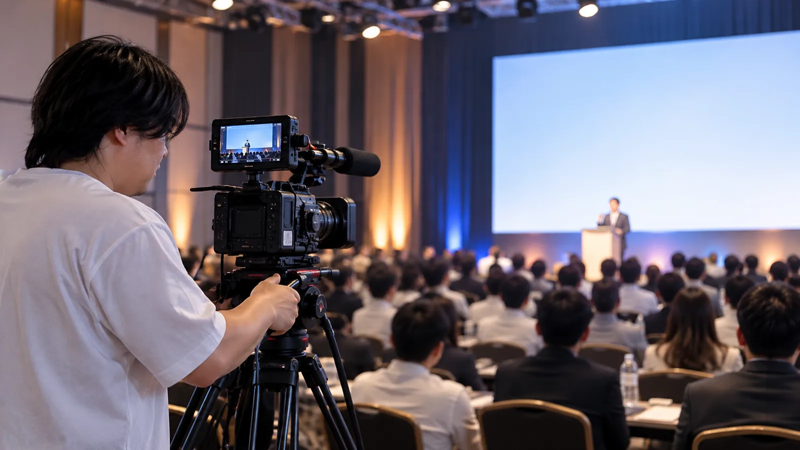 会場で講演者をカメラ撮影している様子