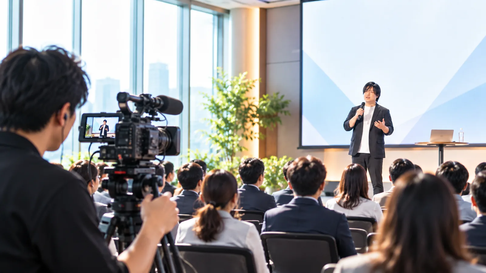 セミナー会場で登壇の様子を撮影している風景