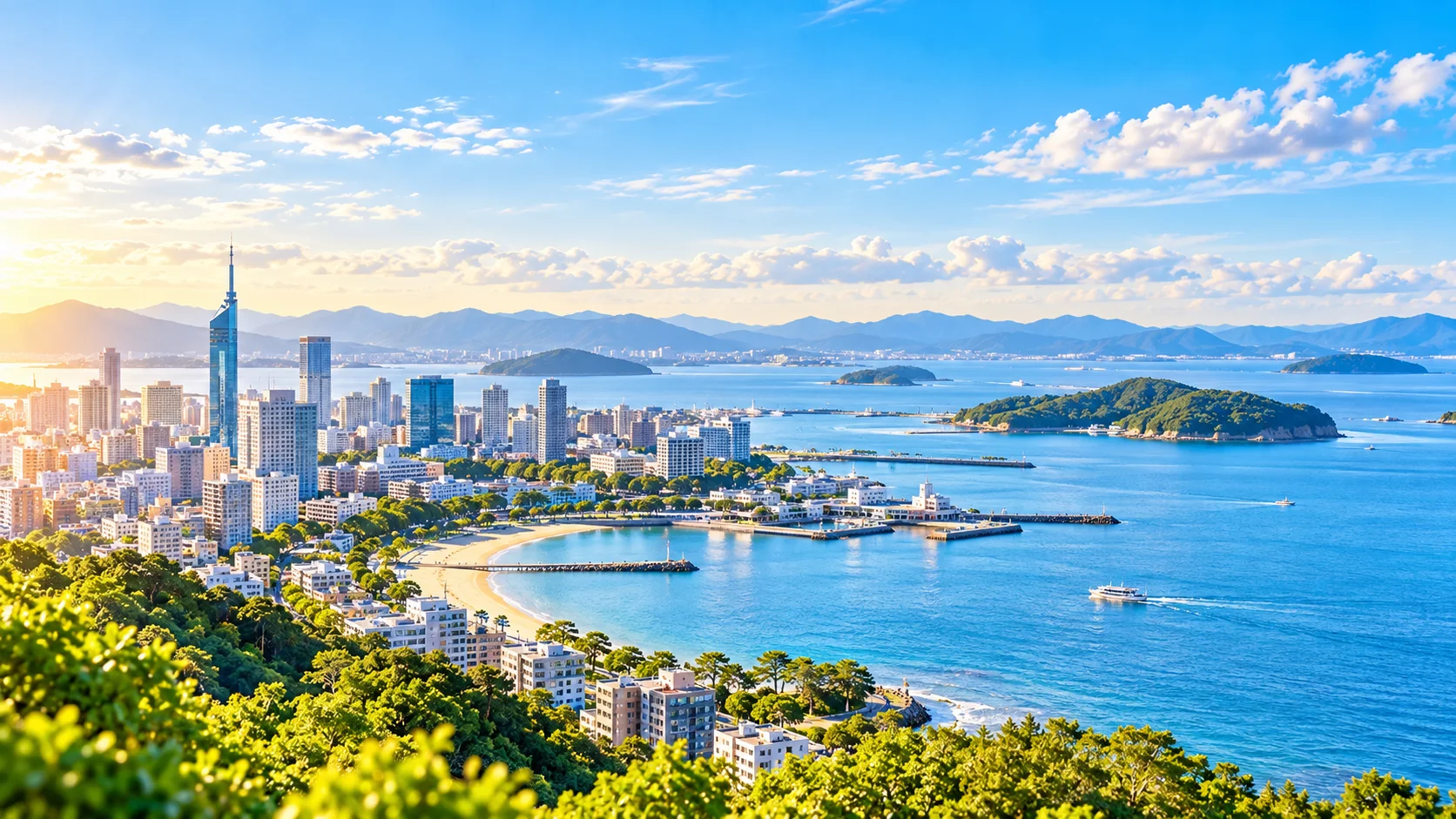 福岡の街並みと海が見える風景